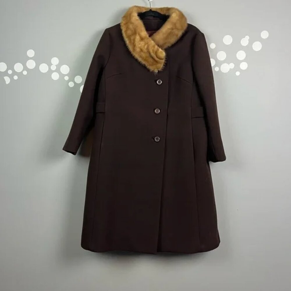 Forstmann Vintage 1950s Mink Fun Collar Wool Coat Union Made ILGWU Brown